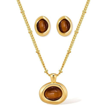 Gold Silver Stud Earrings Pendent Necklace Sets for Women, Dainty Rhinestone Crystal Necklace Earing Jewelry Set Wedding Accessories Fashion Holiday Gift - color: Brown Tiger Eye