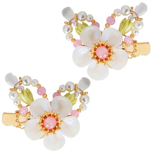 A Pair Wedding Hair Clips, Handmade Floral Design Crystal Hair Clips Pearl Barrettes, Rhinestones Flower Clips Pearl Headpieces Hair Pins Hair Accessories for Women Girls (White&Green) - color: White&Green