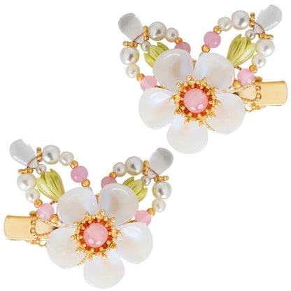 A Pair Wedding Hair Clips, Handmade Floral Design Crystal Hair Clips Pearl Barrettes, Rhinestones Flower Clips Pearl Headpieces Hair Pins Hair Accessories for Women Girls (White&Green) - color: White&Green