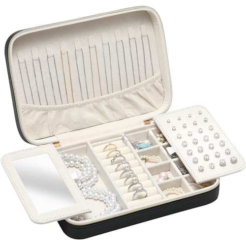 Genuine Leather Travel Jewelry Organizer Case Box with Mirror for Women, Small Mini Portable Jewelry Box for Ring Earrings Necklace Bracelet Luxury Gift for Women Black - color: Black