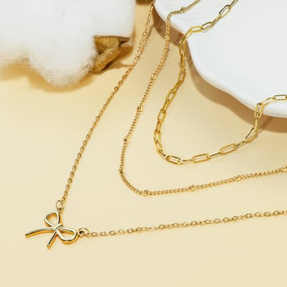 Layered Bow Necklace for Women, 18K Gold Plated Dainty Necklaces Set Stackable Pendant Trendy Cute Choker Jewelry Gift for Her