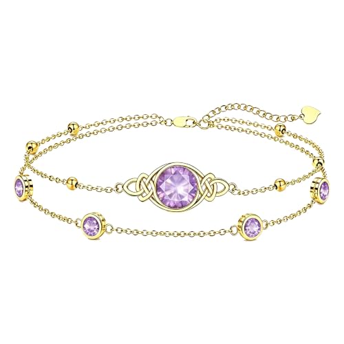 Midari 18K Gold Irish Infinity Celtic Knot Birthstone Layed Anklet Bracelet with 12 Months Birthstone Birthday Jewelry Gifts for Women Mom - color: 06-Light Purple, size: Bracelet 7"-9"