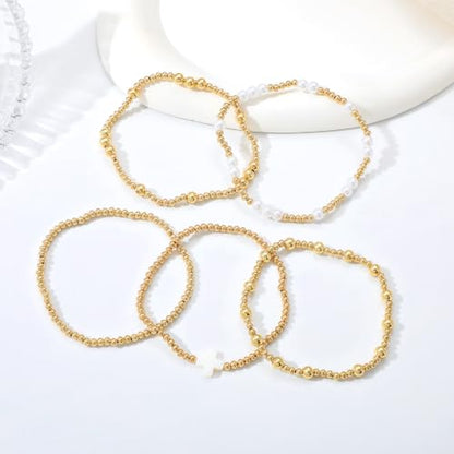 Dainty Gold Plated Pearl Crystal Beaded Bracelets Set for Women 14K Gold Plated Bead Pearl Beads Bracelet Stackable Paperclip Link Chain Bracelets Gold Plated Bracelets for Women Trendy Jewelry - color: Style4-gold bracelets set1