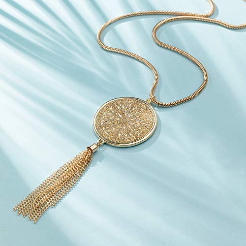 SEVENSTONE 3PCS Long Pendant Necklaces for Women Knot Disk Circle Tassel Statement Sweater Necklace Set - color: Gold-6P