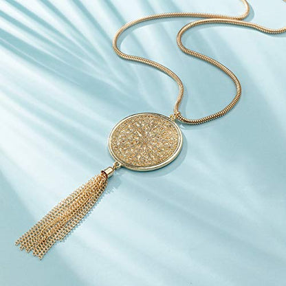 SEVENSTONE 3PCS Long Pendant Necklaces for Women Knot Disk Circle Tassel Statement Sweater Necklace Set - color: Gold-6P