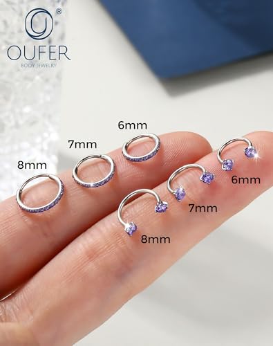 OUFER 2PCS Nose Rings Hoops, 20g Double Gem Horseshoe Threadless Nose Rings for Women, Septum Clicker Daith Tragus Helix Rook Eyebrow Lip Piercing Jewelry - color: Silver Purple CZ