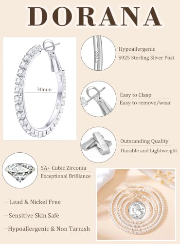 3mm 925 Sterling Silver Big Cubic Zirconia Hoop Earrings for Women Large Rhinestone Hoop Earrings 14K Gold Plated Hypoallergenic Lightweight 30mm/40mm/50mm/60mm - color: Silver-30mm