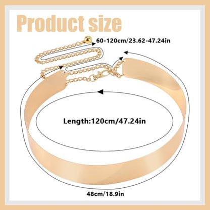 Gold Metal Belt Adjustable Gold Shiny Waist Belts Polished Mirror Chain Waistband Strap for Woman Dresses Wedding - size: 2.3"/6cm