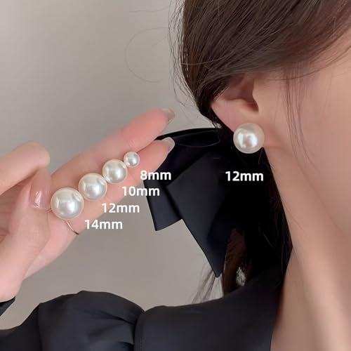 4 Pairs Pearl Stud Earrings, 14K Gold Plated Silver Posts Hypoallergenic Round Simulated Large Pearls, 8mm/10mm/12mm/14mm Stud Earring Set for Women