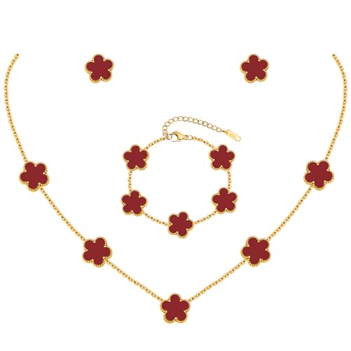 Gold Necklaces Bracelets Earring Set - 18K Gold Plated Flower Bracelet Chain,Stainless Steel Non Tarnish Floral Pendant Stud Jewelry Sets,Christmas Birthday Lucky Gift for Mom Wife Daughter Girlfriend - color: Red