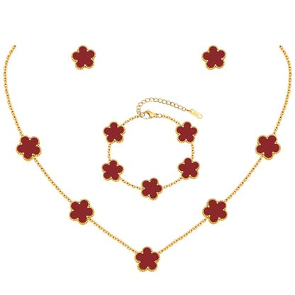 Gold Necklaces Bracelets Earring Set - 18K Gold Plated Flower Bracelet Chain,Stainless Steel Non Tarnish Floral Pendant Stud Jewelry Sets,Christmas Birthday Lucky Gift for Mom Wife Daughter Girlfriend - color: Red