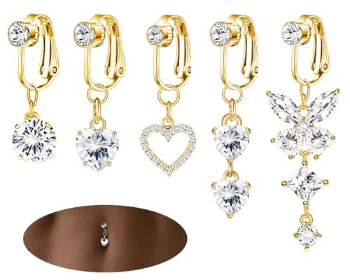 5Pcs Gold Fake Belly Piercing Fake Belly Ring for Women Fake Belly Button Piercing Clip On Belly Button Rings Fake Navel Ring Non Piercing - style: white stone-gold