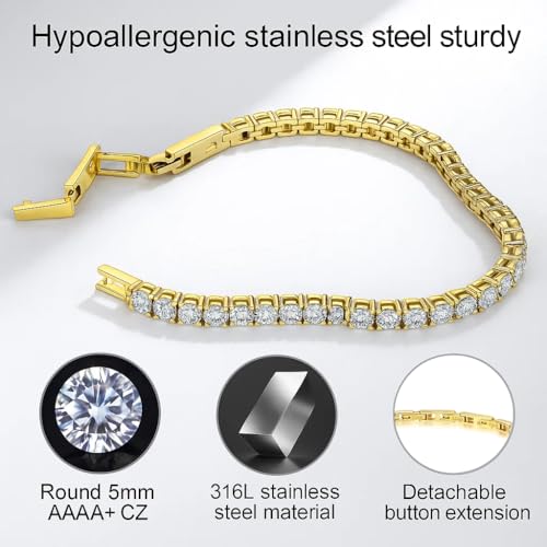 Stainless Steel Adjustable CZ Tennis Bracelet for Women Men | 14K Gold Plated, Round 3mm/4mm/5mm AAAA+ Cubic Zirconia, Dainty Classic, Festival Wedding Jewelry Gift - color: Gold, size: CZ 5mm
