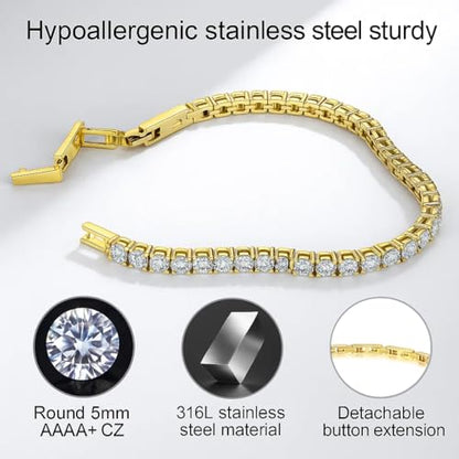 Stainless Steel Adjustable CZ Tennis Bracelet for Women Men | 14K Gold Plated, Round 3mm/4mm/5mm AAAA+ Cubic Zirconia, Dainty Classic, Festival Wedding Jewelry Gift - color: Gold, size: CZ 5mm