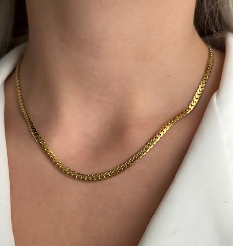 Gold Chain for Women & Men,14K Gold Necklace for Men &Women Flat Snake Chains for Womens Herringbone Curb Choker Chains Necklaces 3MM Width，18” 20” 22” 24” - size: 18inchs