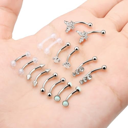 16g 8mm Silver/Black/Rainbow Eyebrow Piercing Jewelry Rings Curved Barbell Vertical Labret Lip Surgical Steel Small Belly Button Snake Eyes Tongue Rook Earrings for Women Men - color: Surgical Steel