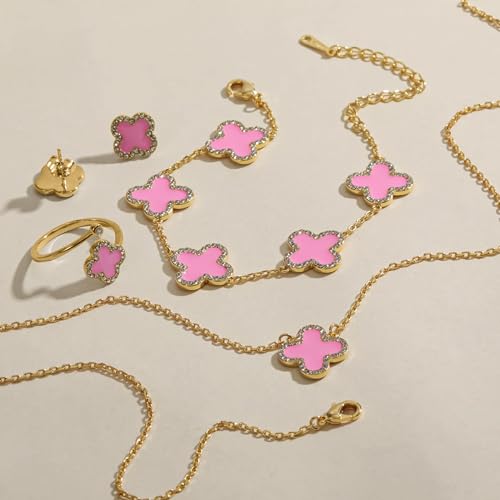 Qitian Clover Bracelet for Women 18K Gold Four Leaf Pink Lucky Link Clover Bracelets, Trendy Bracelets Set Jewelry Gifts for Women - color: I-Pink Set