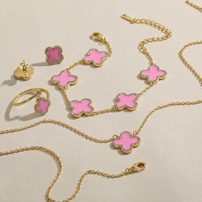 Qitian Clover Bracelet for Women 18K Gold Four Leaf Pink Lucky Link Clover Bracelets, Trendy Bracelets Set Jewelry Gifts for Women - color: I-Pink Set