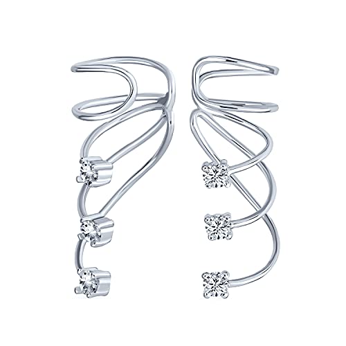 Triple Spiral CZ Curved Crawlers Wire Cubic Zirconia Cartilage Ear Cuff Pin Earring For Women Teen .925 Sterling Silver