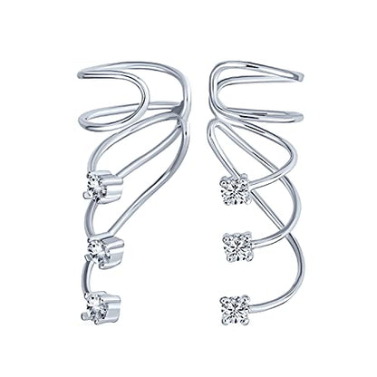 Triple Spiral CZ Curved Crawlers Wire Cubic Zirconia Cartilage Ear Cuff Pin Earring For Women Teen .925 Sterling Silver