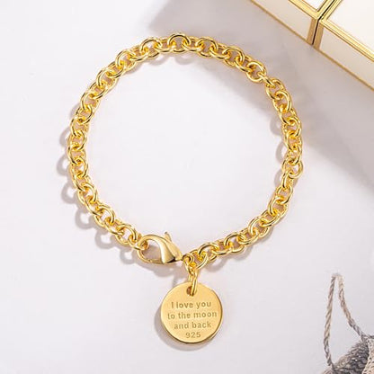 Dankadi Women 925 Sterling Silver Round Cable Wire Link Bracelet Charm Heart-Bell-Square-Circle Pendant Chain Bangle Fine Jewelry Gift For Wife Her - color: 6MM Gold Round Pendant, size: 7.5 in