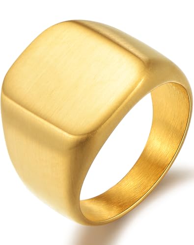 Stainless Steel Signet Ring - 316L Mens Finger Ring for Men Women - Rhodium Plated Cool Band Ring Jewelry for Father Husband Son Friend - color: Square-Gold Plated, size: 9