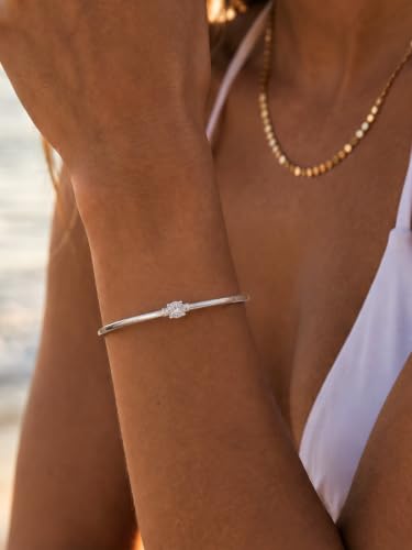 Gold Cuff Bracelets for Women, 14K Gold Plated Dainty Open CZ Cuff Bracelet Adjustable Stackable Open Bangle Bracelet Birthday Jewelry Gift for Her - color: Round CZ-Silver