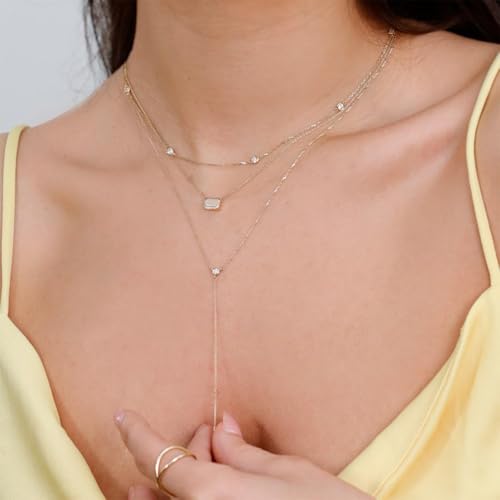 HERIER Lariat Gold Necklace for Women, Dainty Long Necklace 14k Gold Plated/Silver Y-Shaped Layered Beaded Chain Drop Necklaces for Women Trendy Simple Gold Jewelry for Women Gifts - color: Y-CZ-Gold