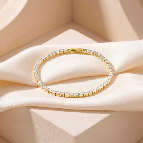 Tewiky Tennis Bracelet 14K Gold/Silver Plated 3mm Cubic Zirconia Tennis Bracelets for Women, Dainty Gold Bracelets for Women Non Tarnish Jewelry - color: Gold