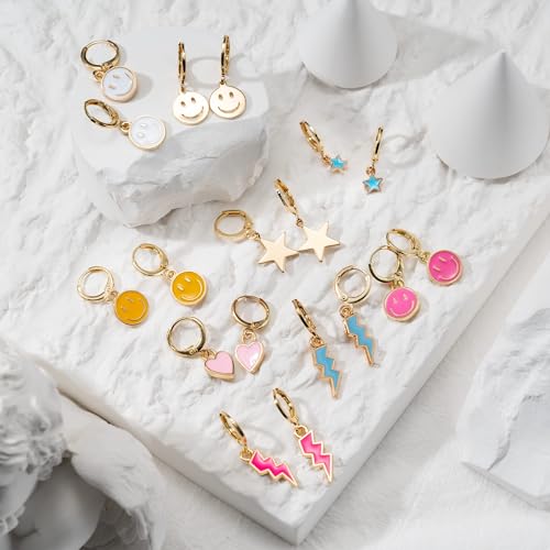 Preppy Earrings Pack with Colorful Happy Smile Lightning Bolt Heart Star Charms Pendants Gold Small Huggie Hoop Dangle Earrings Trendy Y2K Preppy Jewelry Gifts for Teen Girls Women Kids