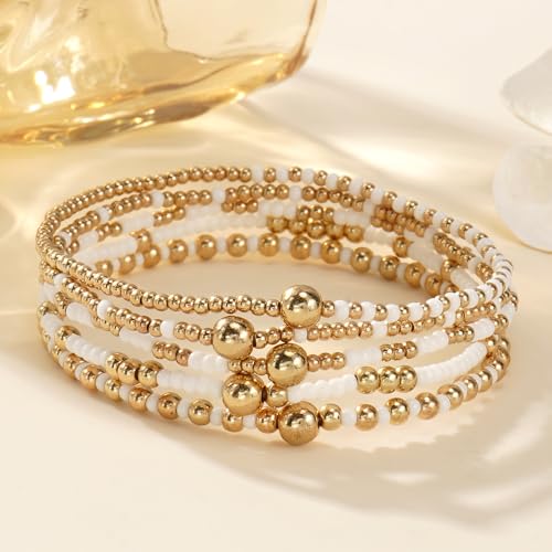 Gold Small Ball Seed Bead Stackable Bracelets Set For Women, Stretch Accessories Handmade Dainty, Daily Party Friendship Gift - color: White