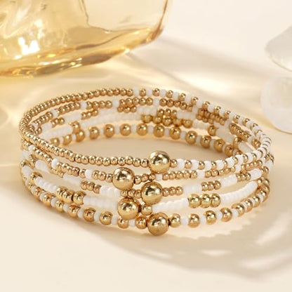 Gold Small Ball Seed Bead Stackable Bracelets Set For Women, Stretch Accessories Handmade Dainty, Daily Party Friendship Gift - color: White