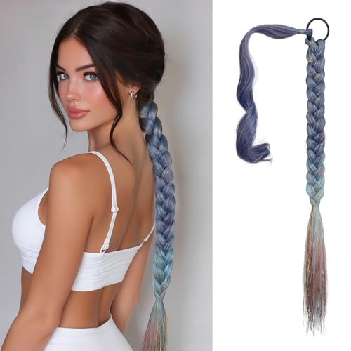 Long Braid Ponytail Extension with Hair Tie Straight Sleek Wrap Around Hair Extensions Braid Pony Tail Fluffy Natural Synthetic Hairpieces for Women Daily Wear,26 inch-Purple To Pastel Ombre - color: Purple To Mint Pastel Ombre, size: 26 Inch (Pack of 1)