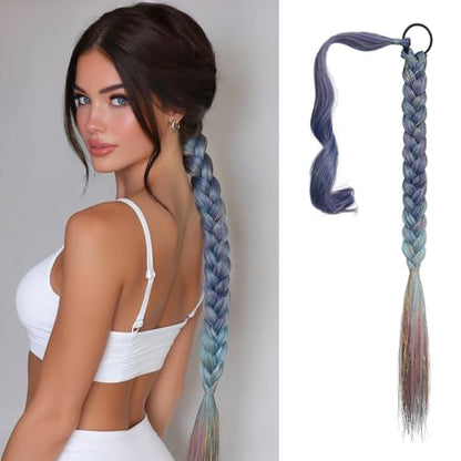 Long Braid Ponytail Extension with Hair Tie Straight Sleek Wrap Around Hair Extensions Braid Pony Tail Fluffy Natural Synthetic Hairpieces for Women Daily Wear,26 inch-Purple To Pastel Ombre - color: Purple To Mint Pastel Ombre, size: 26 Inch (Pack of 1)