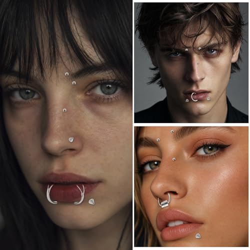Fake Piercing Body Jewelry, Eyebrow Ring Fake Lip Labret Studs Replacement Balls Spike with Face Gems, y2k Accessories Nose Stick on Silver Belly Button Sticker for Women Men