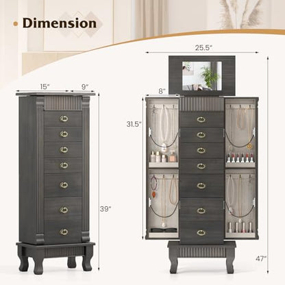 Giantex Standing Jewelry Cabinet with 7 Drawers, Flip-Top Mirror, 2 Side Doors with 12 Necklace Hooks, Divided Ring Compartments, Velvet-Lined Jewelry Armoire Organizer Chest (Weathered Gray) - color: Weathered Gray
