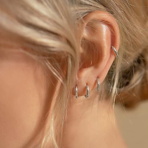 Small Hoop Earrings for Women Men Girls 14k Real Gold Plated Thin Gold Huggie Hoops Set for Cartilage Helix Hypoallergenic Surgical Stainless Steel 6/8/10/12mm - color: Silver, style: Regular-2.0mm