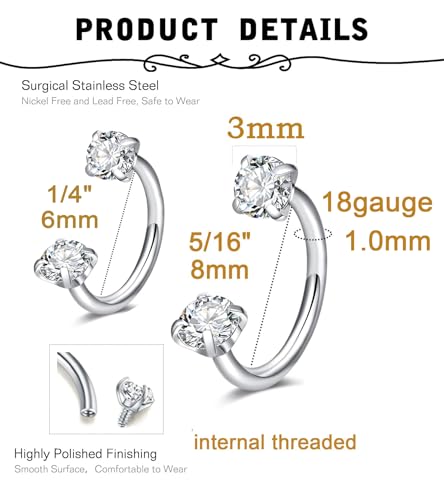 6mm 7mm 8mm 20g Horseshoe Nose Ring Hoop 18 gauge Double Gem Horse Shoe Nose Rings for Women Surgical Steel Half Hoop U Shape Small Silver Gold Tragus Earring Helix Piercing Jewelry Septum Ring - color: silver