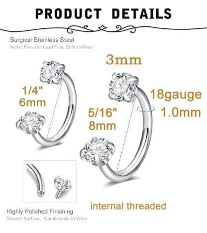 6mm 7mm 8mm 20g Horseshoe Nose Ring Hoop 18 gauge Double Gem Horse Shoe Nose Rings for Women Surgical Steel Half Hoop U Shape Small Silver Gold Tragus Earring Helix Piercing Jewelry Septum Ring - color: silver