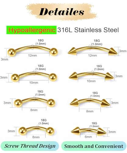 Eyebrow Piercing Jewelry Surgical Steel Curved Barbell Tiny Eyebrow Ring Vertical Labret Lip Jewelry Ear Rook Navel Small Belly Button Ring for Women Men 6mm/8mm/10mm/12mm - size: 18Gauge-Gold-4Pairs
