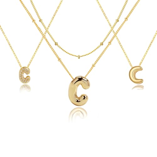 stino 4PCs Bubble Initial Letter Necklace Set, No Tarnish 14K Gold Plated Alphabet Pendant, Jewelry for Women - style: C
