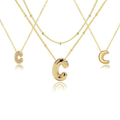 stino 4PCs Bubble Initial Letter Necklace Set, No Tarnish 14K Gold Plated Alphabet Pendant, Jewelry for Women - style: C
