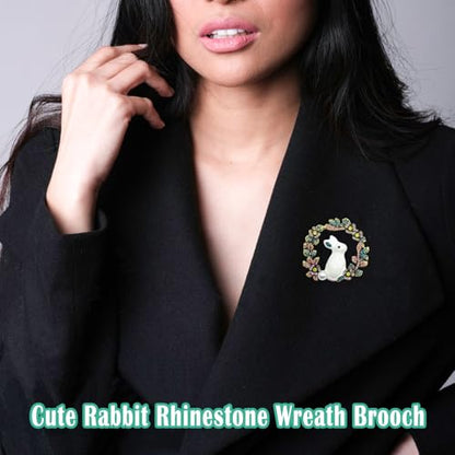 Cute Rabbit Rhinestone Brooch Pin for Women Girls, Fashion Crystal Bunny Animal Wreath Brooch Lapel Pins Dainty Clothes Accessory Jewelry Gift for Easter Day Birthday Party