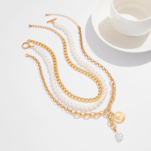 Chunky Layered Pearl Necklaces Set for Women Big Coin OT Choker Necklace | Gold,silver,layering,pearls,stack,pearl jewelry,drop,baroque,buckle,beaded,chain,statement,clasp,toggle,accessories,gift - color: Color-1