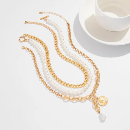 Chunky Layered Pearl Necklaces Set for Women Big Coin OT Choker Necklace | Gold,silver,layering,pearls,stack,pearl jewelry,drop,baroque,buckle,beaded,chain,statement,clasp,toggle,accessories,gift - color: Color-1