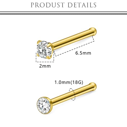 Hoeudjo Nose Studs Surgical Steel Cubic Zirconia Nose Rings Kit for Women Men Tiny Nose Stud Screw & Bone & L Shaped Nostril Piercing Jewelry 24-18 Gauge 20 Pieces Set - color: gold-tone,nose bone studs, size: 18g/2.0mm clear CZ