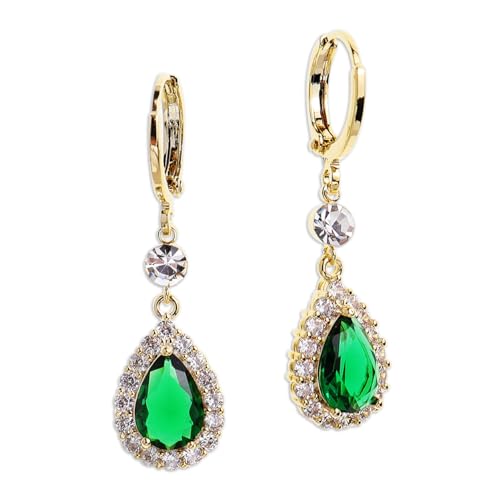 Sonateomber Gold Silver Small Hoop Dangle Earrings for Women, Trendy Dainty Rhinestone CZ Dangling Prom Wedding Leaf Flower Snowflake Butterfly Starfish Fashion Jewelry Gift - color: Green Tear