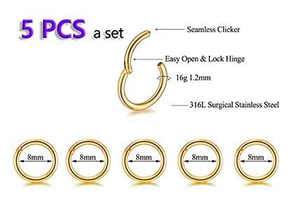 5Pcs 16G 18G Surgical Steel Nose Rings Hoop Tragus Septum Cartilage Hoop Earrings For Women Men Body Piercing Jewelry Kit Bar Length 6mm/8mm/10mm/12mm/14mm - style: 5Pcs -16G - Gold - 8mm