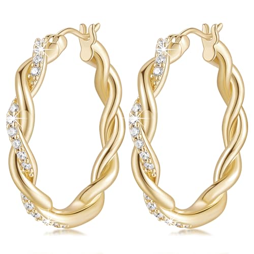 ENROSE Gold Hoop Earrings 14K Gold Earring for Women | Twisted Gold Hoop Earrings Minimalist Diamond Earring Jewelry 29mm*4mm - style: B-GD