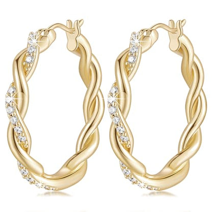 ENROSE Gold Hoop Earrings 14K Gold Earring for Women | Twisted Gold Hoop Earrings Minimalist Diamond Earring Jewelry 29mm*4mm - style: B-GD